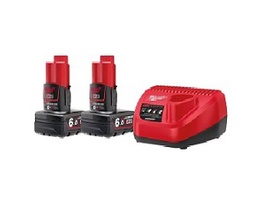 ชุดแท่นชาร์ตพร้อมแบตเตอรี่ MILWAUKEE No.M12-6.0Ah Lithium-Ion Battery, (Charger , Battery12V 6.0Ah x2)